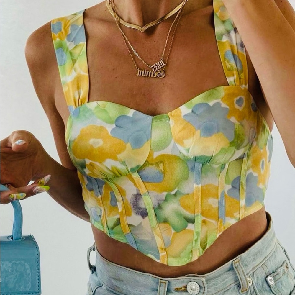 Cider Yellow, Blue & Green Floral Bustier Crop Top